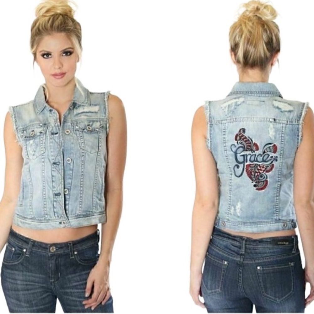 Grace in LA jeans denim embroidered jean vest size medium